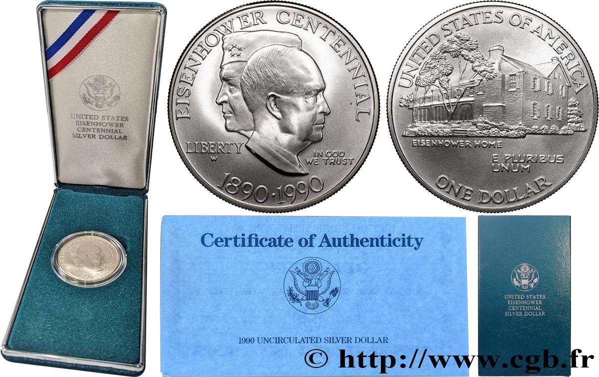 ESTADOS UNIDOS DE AMÉRICA 1 Dollar Proof centenaire de la naissance du général Eisenhower : vues de profil / sa maison de Gettysburg 1990 West Point - W FDC 