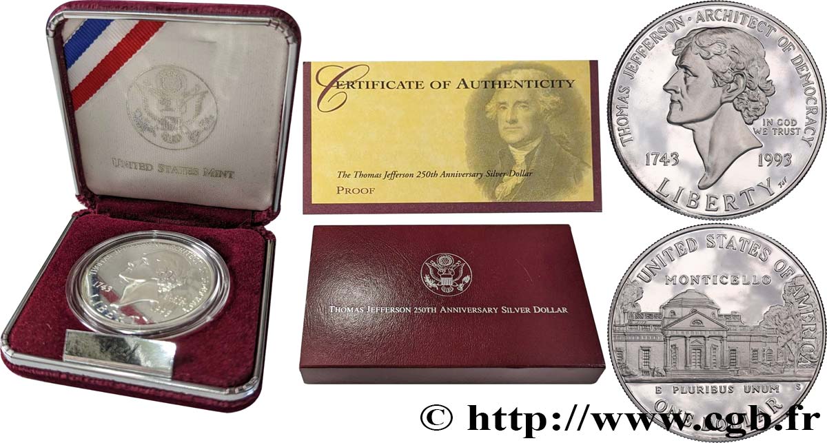 ÉTATS-UNIS D AMÉRIQUE 1 Dollar Jefferson PROOF 1993 San Francisco FDC 