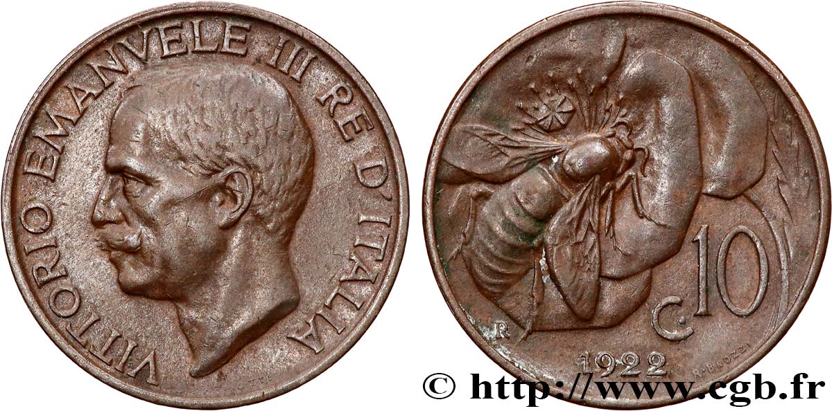 ITALIE 10 Centesimi Victor Emmanuel III 1922 Rome - R TTB+ 