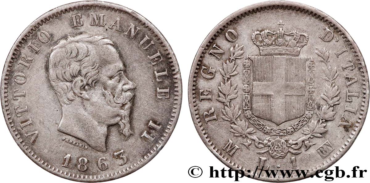 ITALIA 1 Lire Victor Emmanuel II 1863 Milan BB 