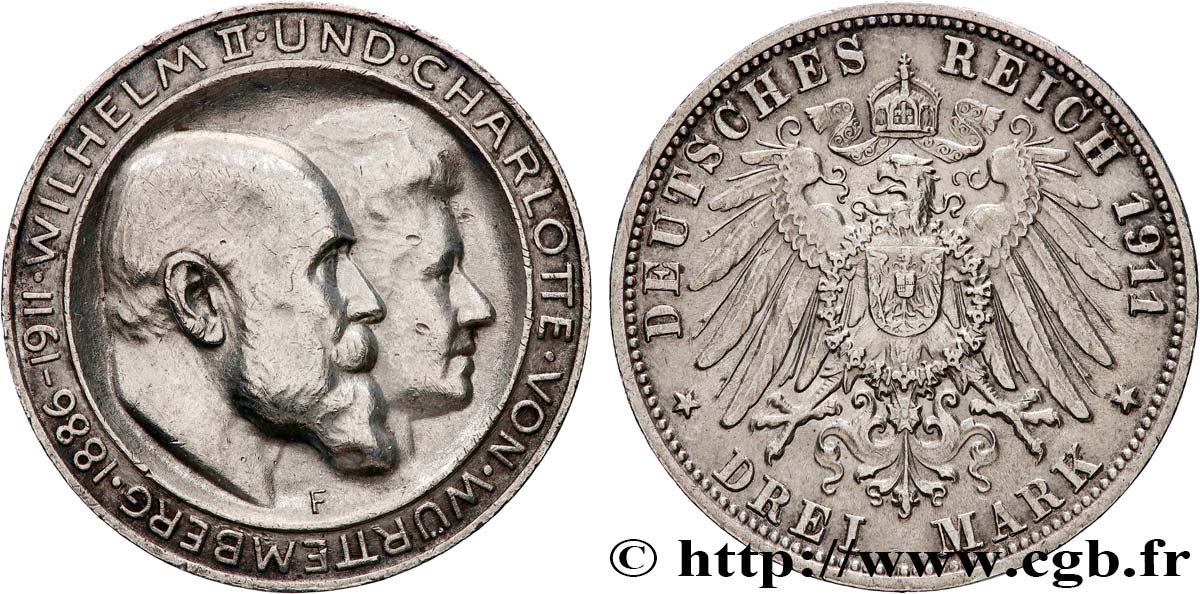 DEUTSCHLAND - WÜRTTEMBERG 3 Mark Guillaume II et Charlotte 1911 Stuttgart fVZ 