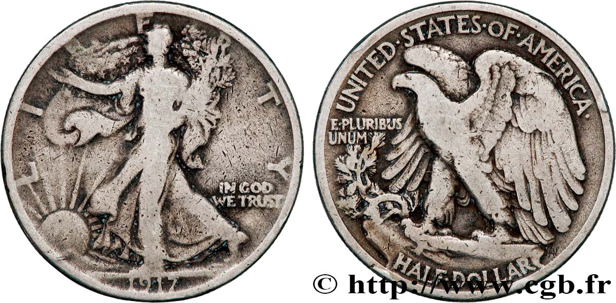 ÉTATS-UNIS D AMÉRIQUE 1/2 Dollar Walking Liberty 1917 Philadelphie TB 