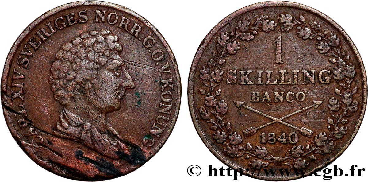 SWEDEN 1 Skilling Banco Charles XIV 1840  XF 
