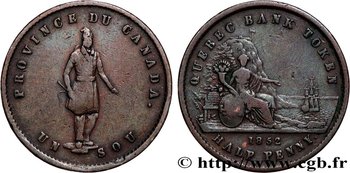 CANADá
 1 Sou (1/2 Penny) Province du Bas Canada Québec Bank 1852 Boulton & Watt BC+ 