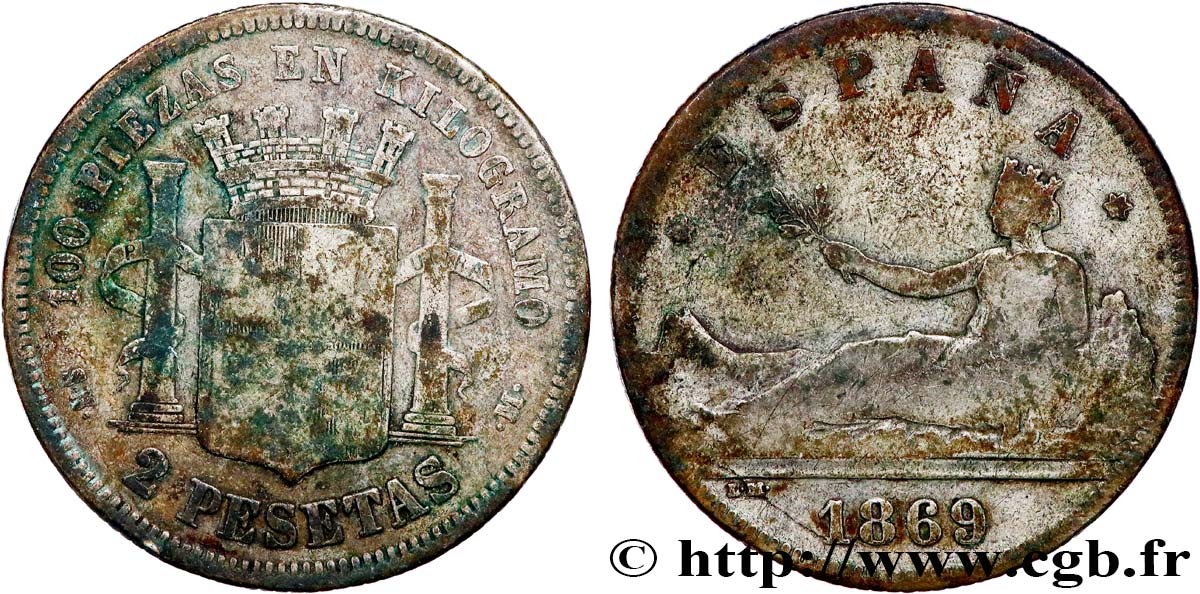 ESPAGNE 2 Pesetas 1869 Madrid TB+ 