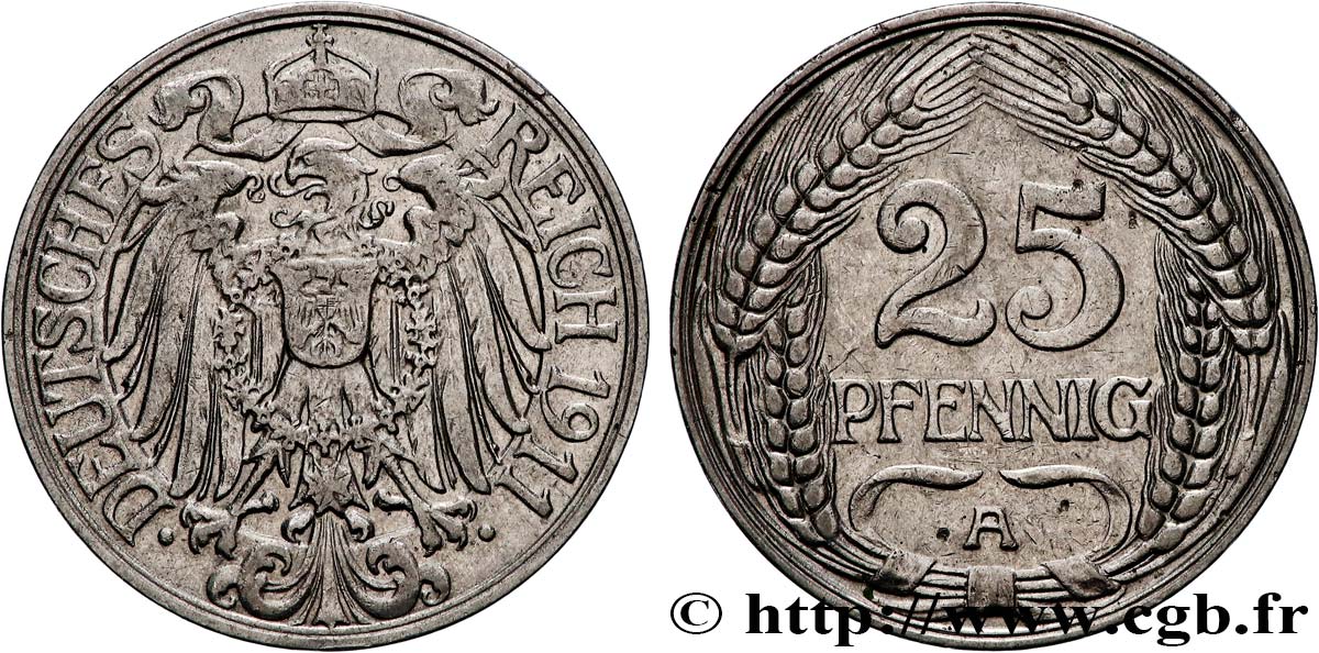 GERMANY 25 Pfennig Empire aigle impérial 1911 Berlin AU 