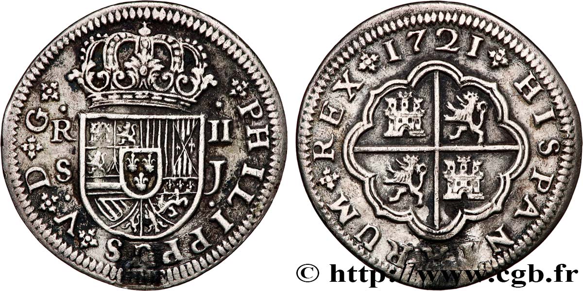 ESPAÑA 2 Reales Philippe V 1721 Séville MBC 