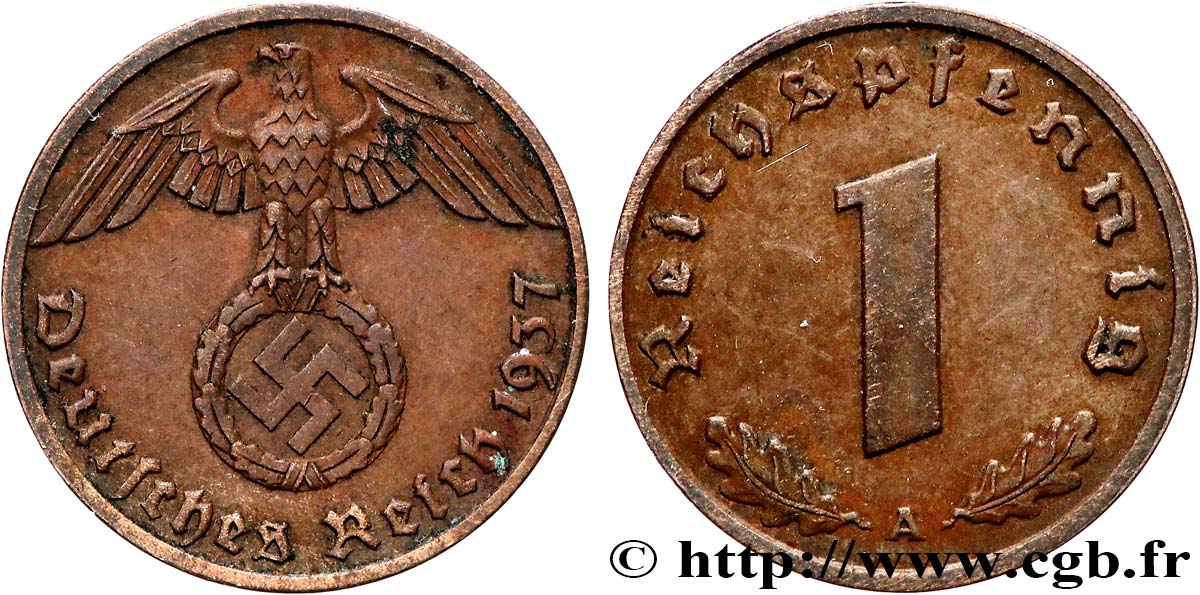 ALEMANIA 1 Reichspfennig aigle et swastika 1937 Berlin MBC+ 