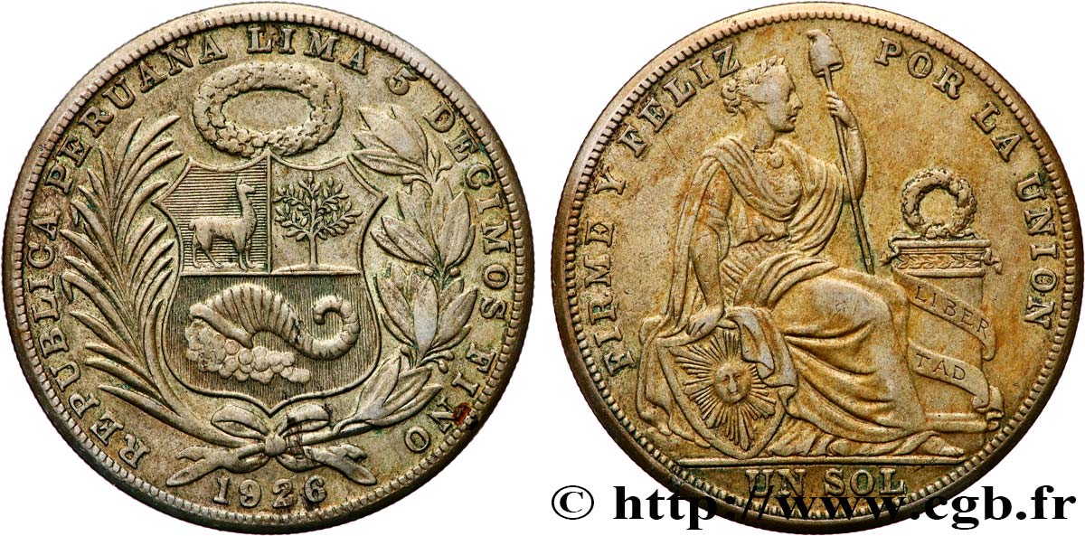 PERU 1 Sol emblème / “Liberté” 1926 Lima VF 