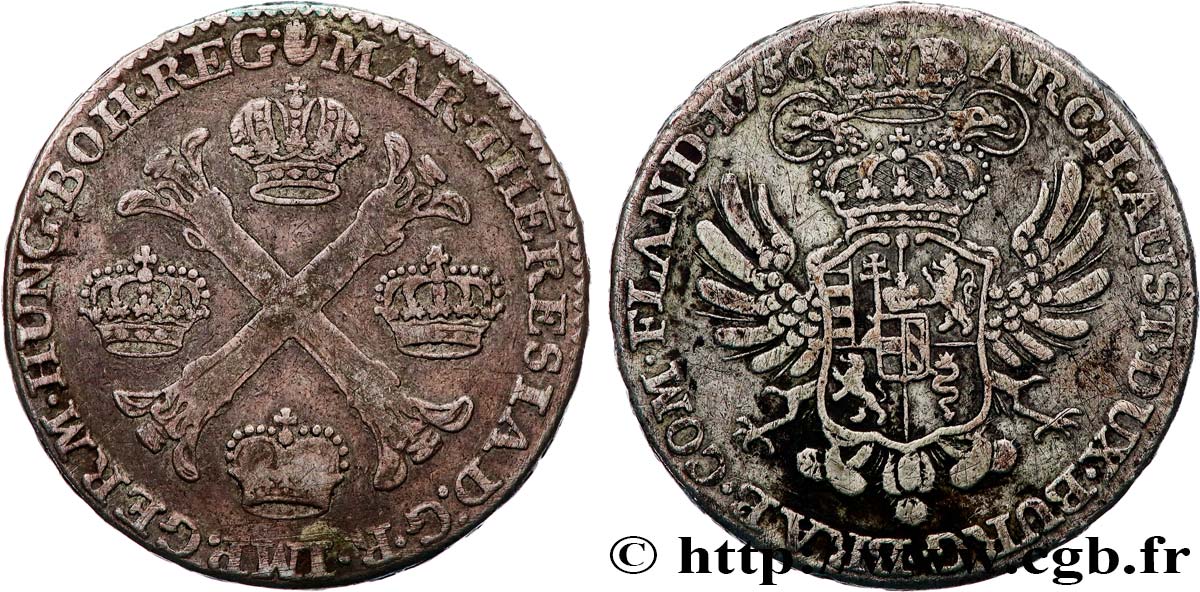 PAYS-BAS AUTRICHIENS - DUCHÉ DE BRABANT - MARIE-THÉRÈSE Demi-kronenthaler ou demi-couronne d argent 1756 Anvers TB+ 