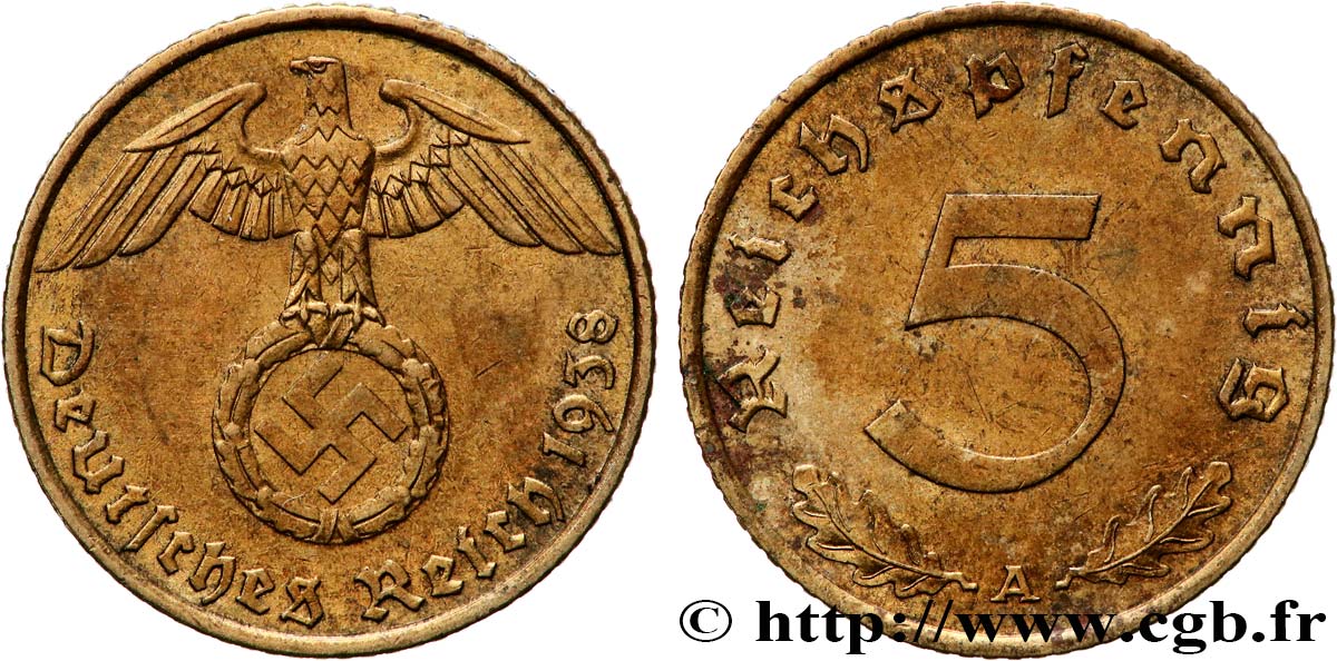 GERMANY 5 Reichspfennig aigle surmontant une swastika 1938 Berlin AU 