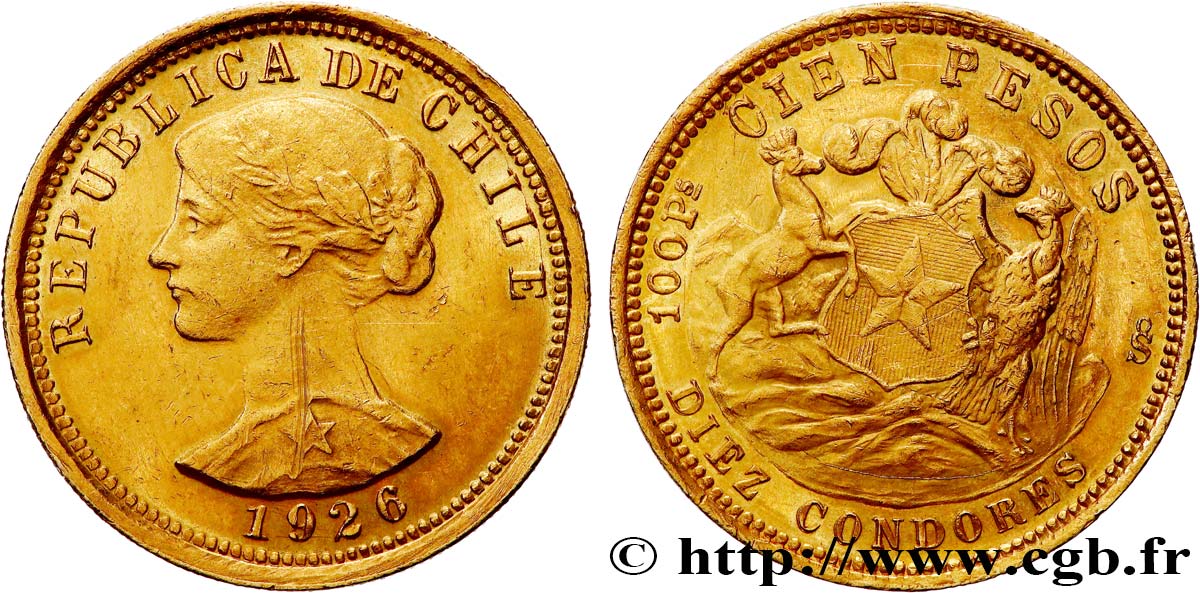CHILE
 100 Pesos or ou 10 Condores en or, 1er type 1926 Santiago fVZ 