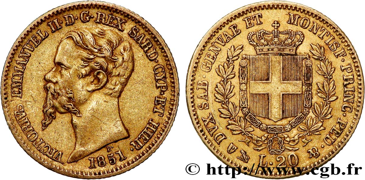 ITALY - KINGDOM OF SARDINIA 20 Lire Victor Emmanuel II 1851 Gênes XF 