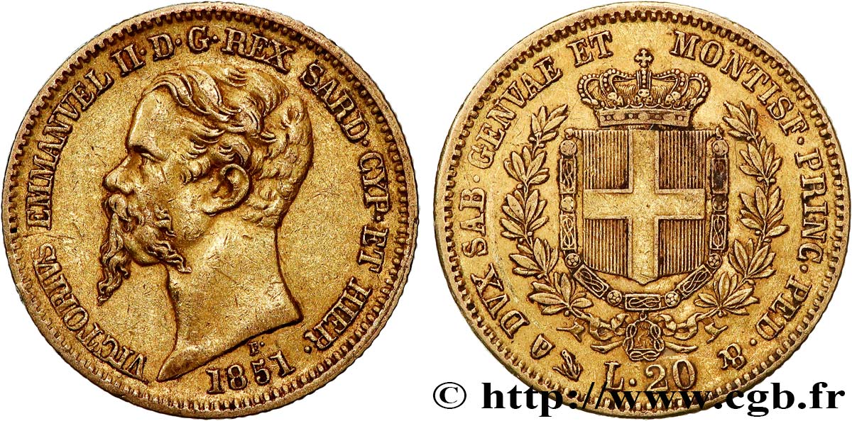 ITALIE - ROYAUME DE SARDAIGNE 20 Lire Victor Emmanuel II 1851 Gênes TTB 