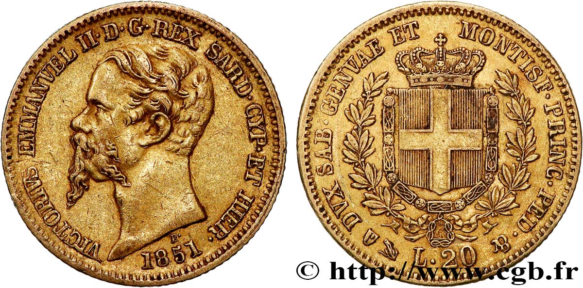 ITALIA - REINO DE CERDEÑA 20 Lire Victor Emmanuel II 1851 Gênes MBC 