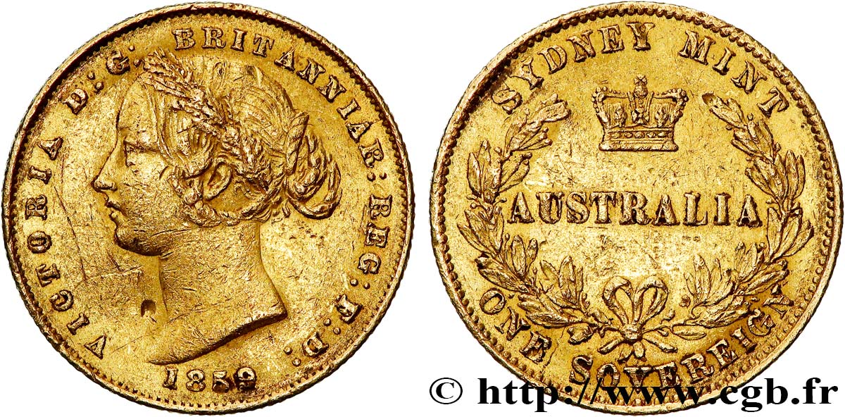 AUSTRALIE 1 Souverain OR reine Victoria / couronne entre deux branches d’olivier 1859 Sydney TTB 