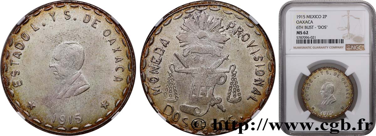 MEXICO - PROVISIONAL GOVERNMENT OF OAXACA 2 Pesos 1915  SPL62 NGC