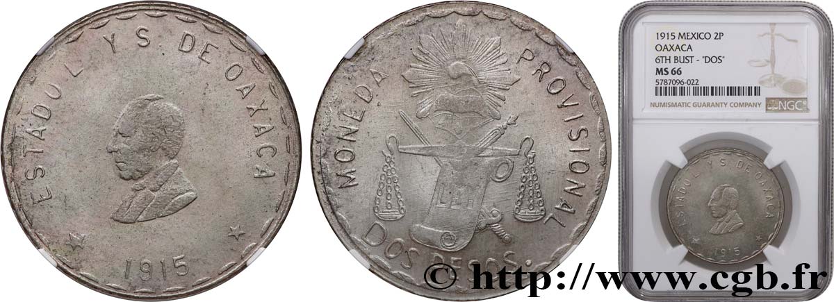 MEXIQUE - GOUVERNEMENT PROVISOIRE D OAXACA 2 Pesos 1915  FDC66 NGC
