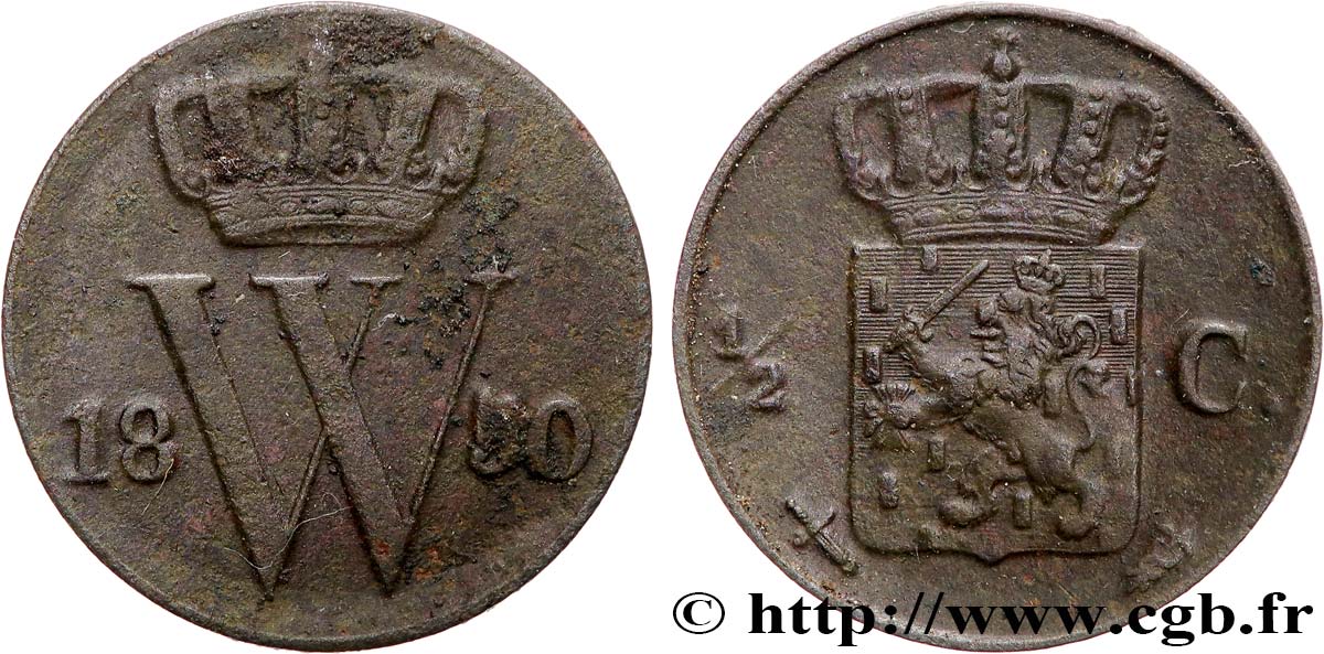 NETHERLANDS 1/2 Cent  emblème monogramme de Guillaume III 1850 Utrecht XF 