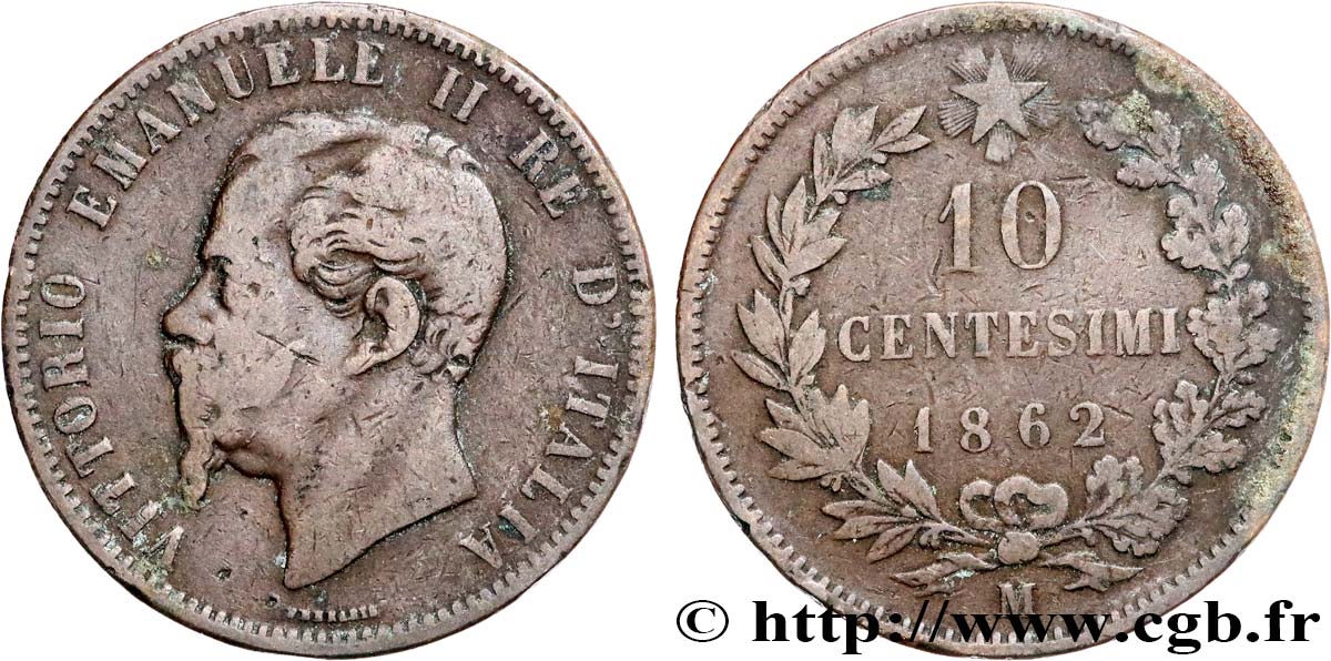 ITALY 10 Centesimi Victor Emmanuel II 1862 Milan VF 