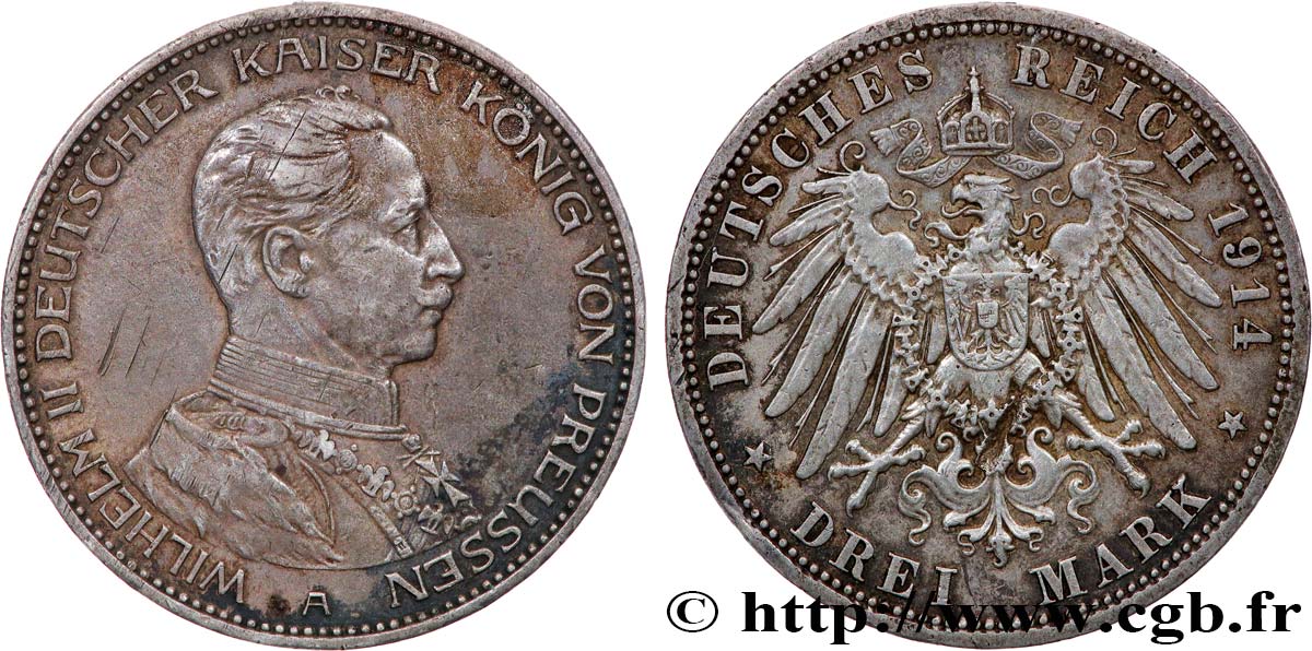 ALLEMAGNE - PRUSSE 3 Mark Guillaume II 1914 Berlin TTB 