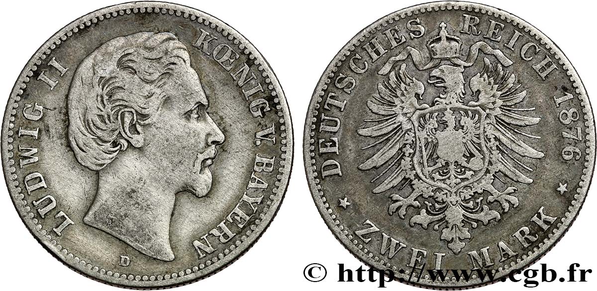 ALLEMAGNE - BAVIÈRE 2 Mark Louis II  1876 Munich TB+ 