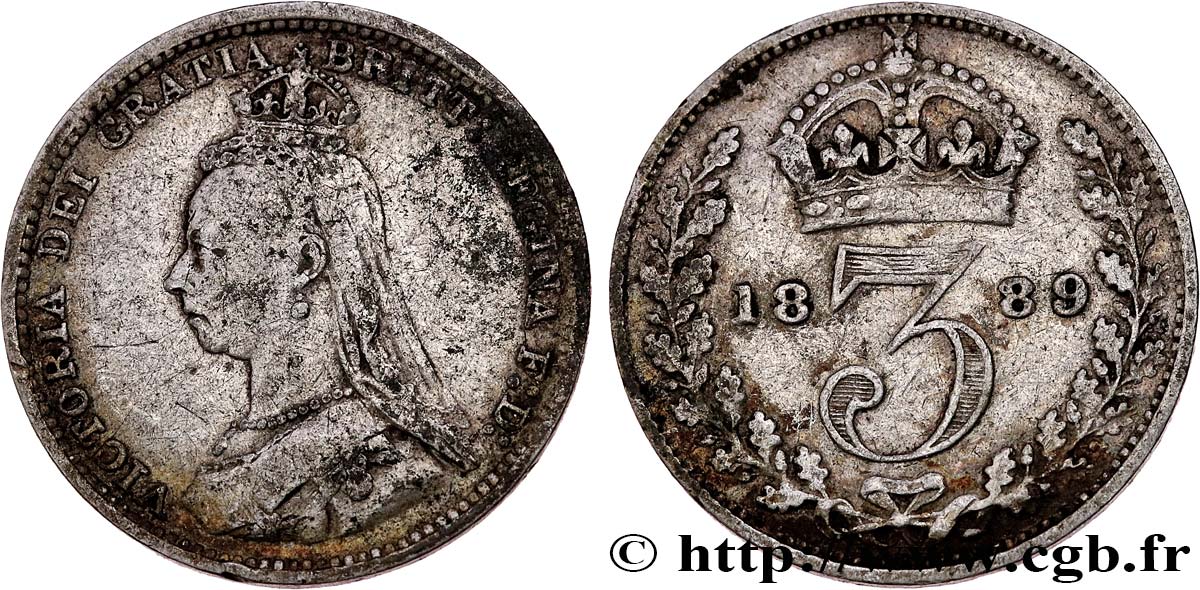 ROYAUME-UNI 3 Pence Victoria buste du jubilé 1889  TB+ 