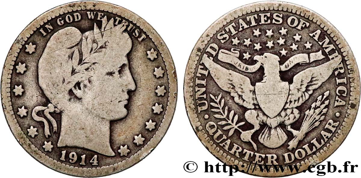 ÉTATS-UNIS D&nbsp;AMÉRIQUE 1/4 Dollar Barber 1914 Philadelphie TB+ 