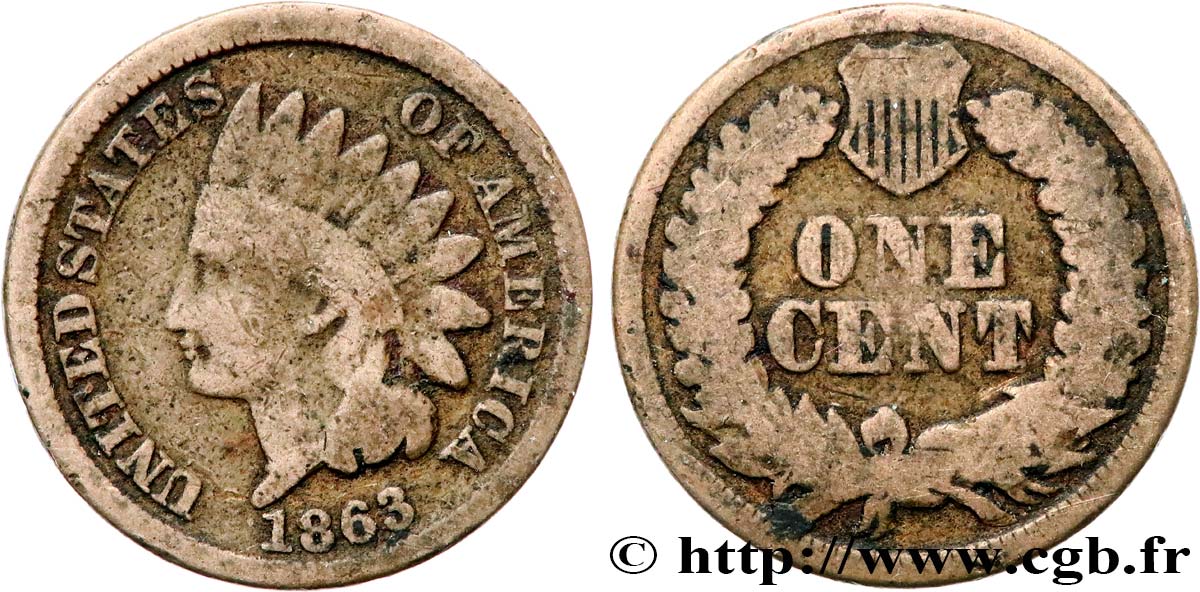 ÉTATS-UNIS D AMÉRIQUE 1 Cent tête d’indien 2e type 1863 Philadelphie TB 