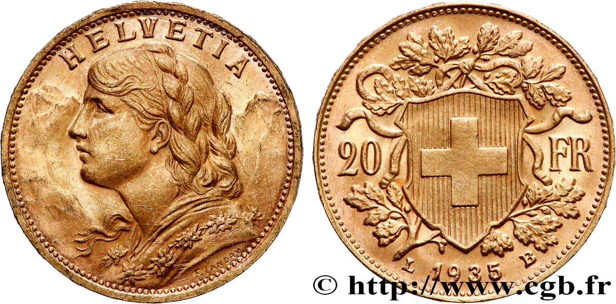 ORO, PALADIO Y PLATINO INVERSIÓN 20 Francs  Vreneli   1935 Berne EBC 