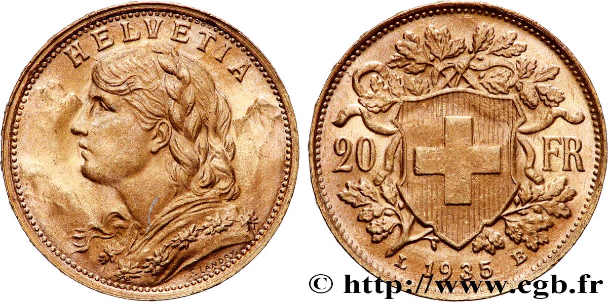 ORO, PALADIO Y PLATINO INVERSIÓN 20 Francs  Vreneli   1935 Berne EBC 