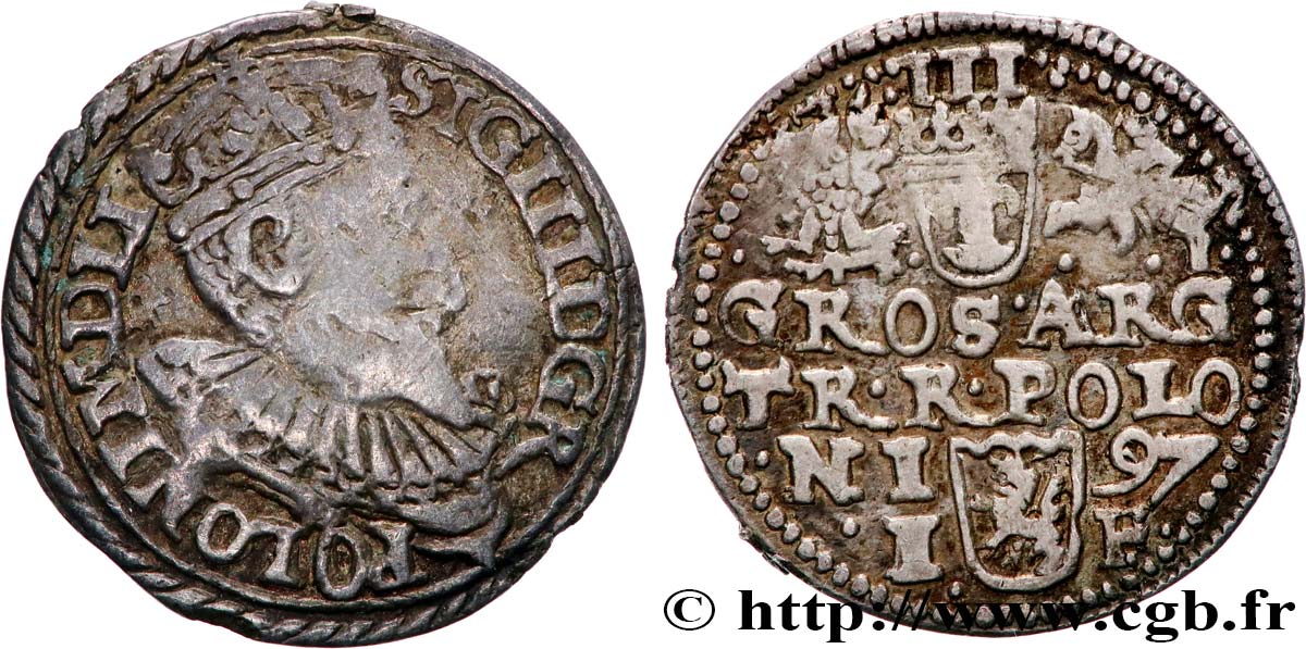 POLOGNE - ROYAUME DE POLOGNE - SIGISMOND III VASA Trois groschen ou trojak koronny 1597 Olkusz TB+ 