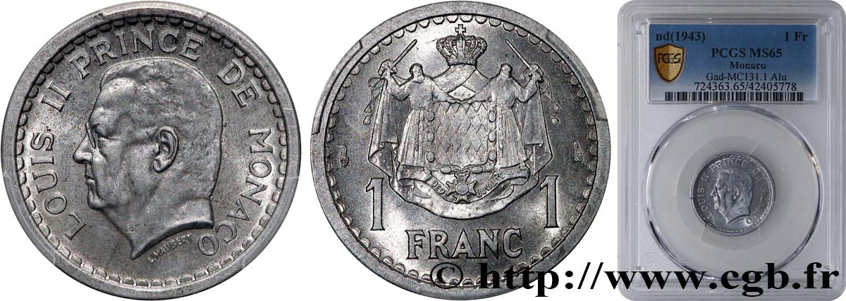 MONACO 1 Franc Louis II (1943) Paris FDC PCGS