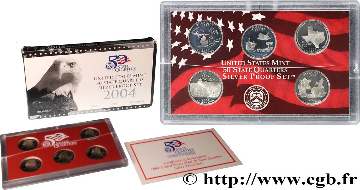 STATI UNITI D AMERICA 50 STATE QUARTERS - SILVER PROOF SET - 5 monnaies 2004 S- San Francisco FDC 