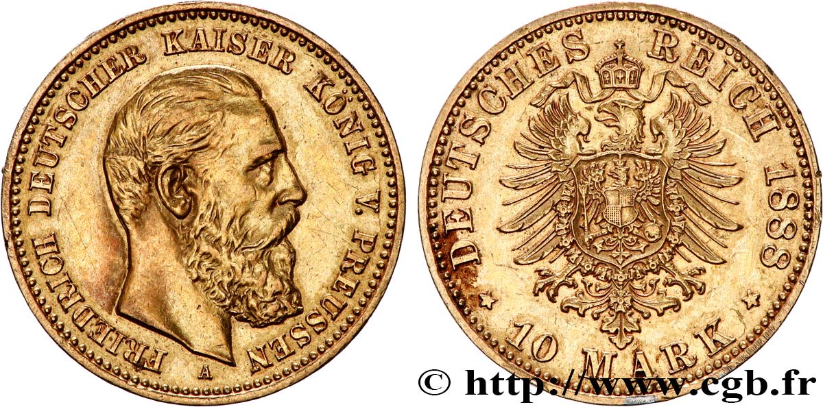 ALLEMAGNE - PRUSSE 10 Mark Frédéric III  1888 Berlin TTB+ 