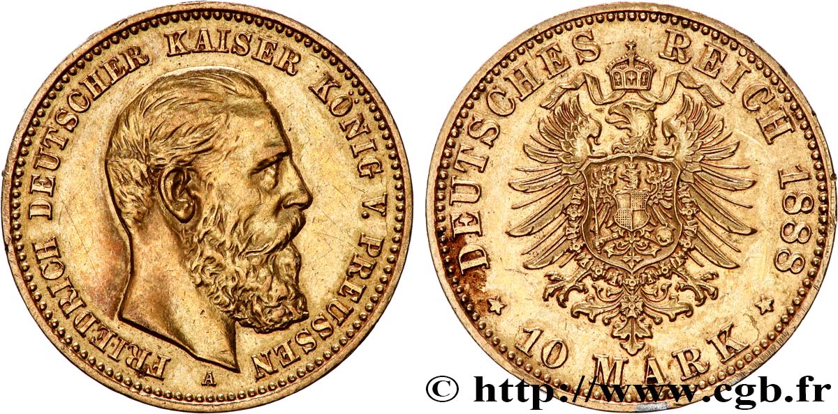 GERMANY - PRUSSIA 10 Mark Frédéric III  1888 Berlin AU 