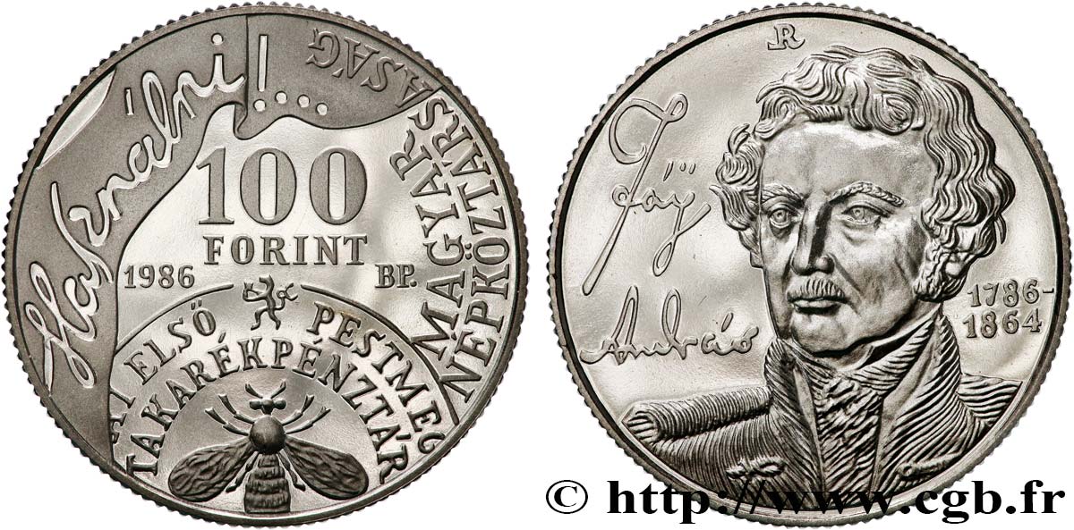 UNGHERIA 100 Forint Proof 200e anniversaire de la naissance d András Fáy 1986 Budapest MS 