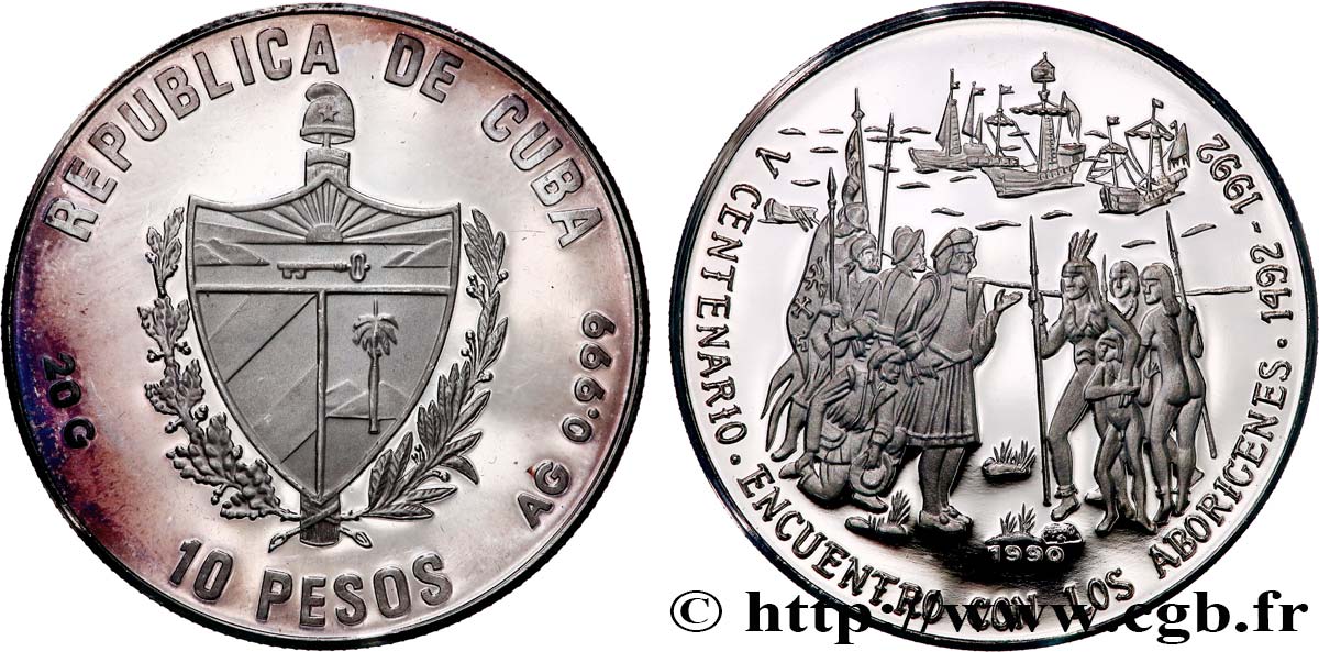 CUBA 10 Pesos Proof 500 ans de Christophe Colomb  en Amérique 1990  SPL 