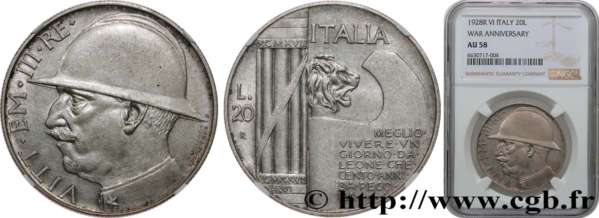 ITALY - KINGDOM OF ITALY - VICTOR-EMMANUEL III 20 Lire, 10e anniversaire de la fin de la Première Guerre mondiale 1928 Rome AU58 NGC