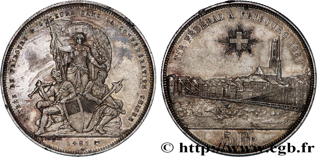 SVIZZERA  5 Francs, monnaie de Tir, Fribourg 1881  BB 