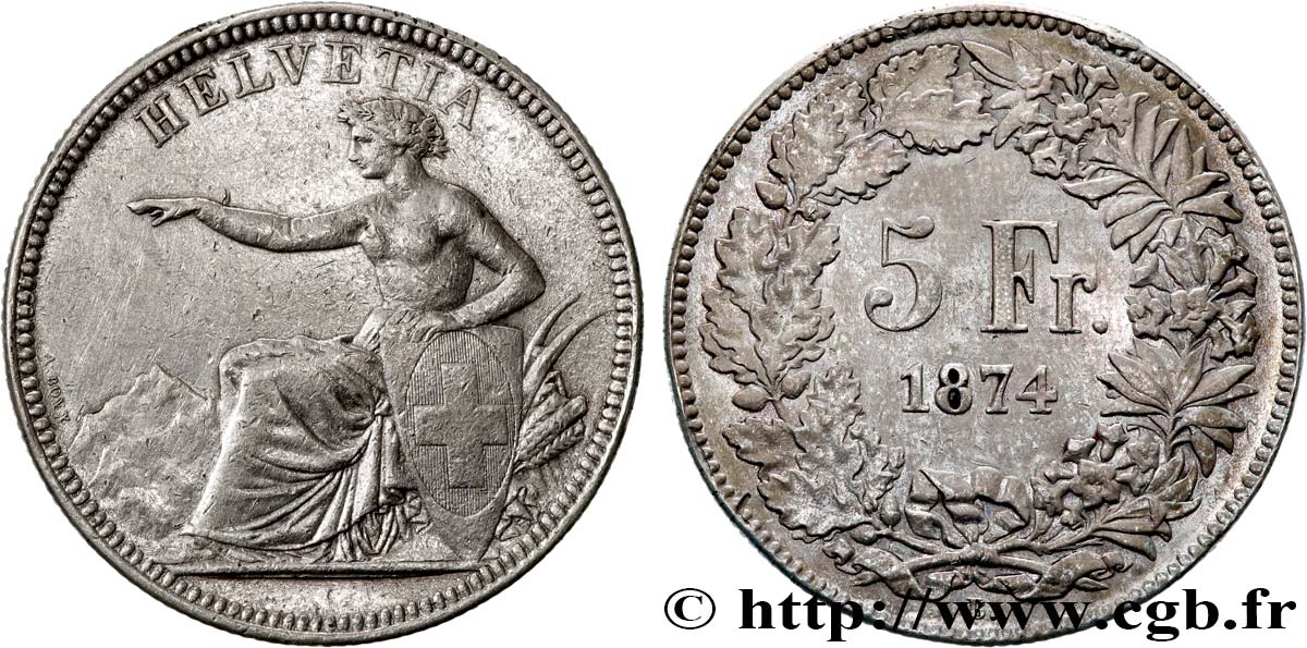 SUISSE 5 Francs Helvetia assise 1874 Bruxelles TTB 