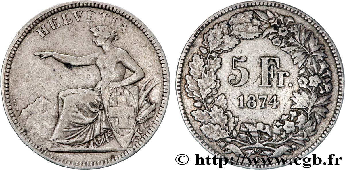 SUISSE 5 Francs Helvetia assise 1874 Bruxelles TB+ 