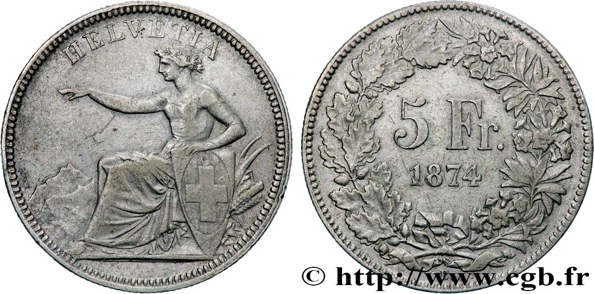 SUISSE 5 Francs Helvetia assise 1874 Bruxelles TB+ 
