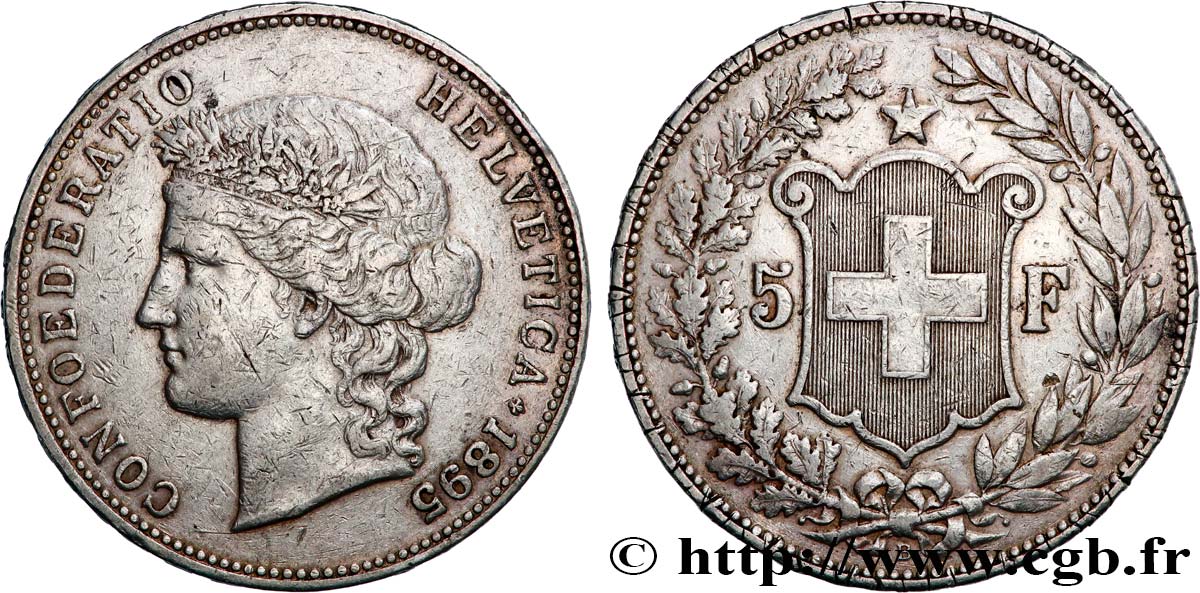 SWITZERLAND - CONFEDERATION OF HELVETIA 5 Francs Helvetia 1895 Berne VF 