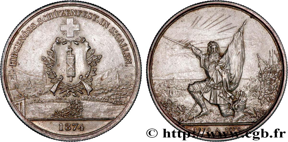 SUISSE 5 Francs, monnaie de Tir, Saint-Gall 1874  SUP 