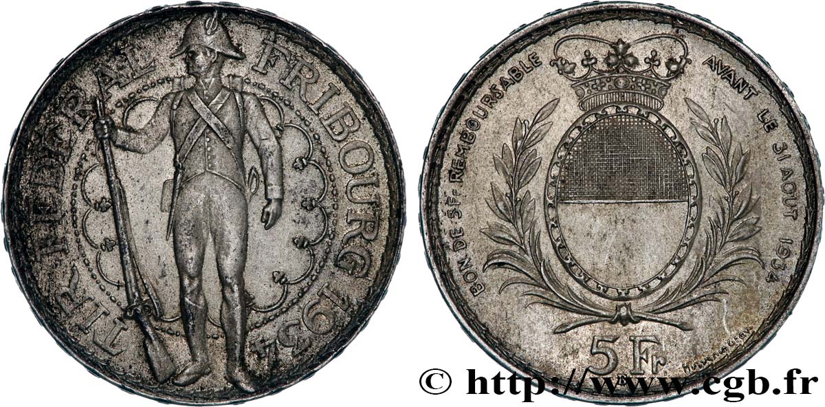 SUISSE 5 Francs, monnaie de Tir, Fribourg 1934 Le Locle TTB 