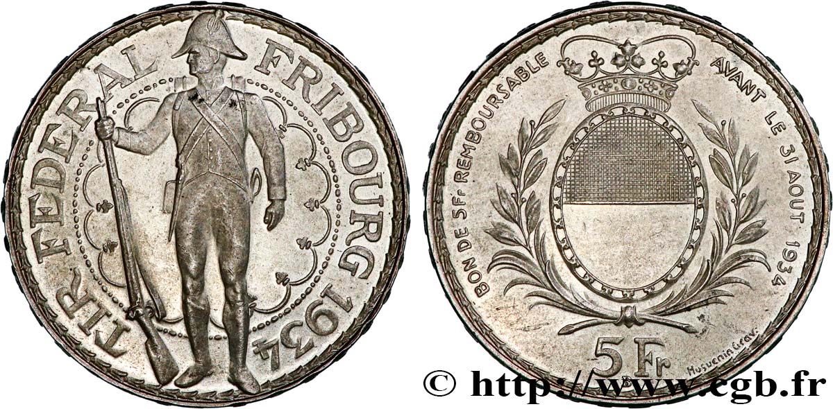 SUIZA 5 Francs, monnaie de Tir, Fribourg 1934 Le Locle EBC 