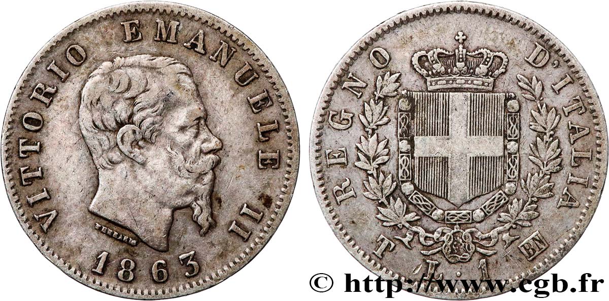 ITALIE 1 Lira Victor Emmanuel II 1863 Turin TB+ 