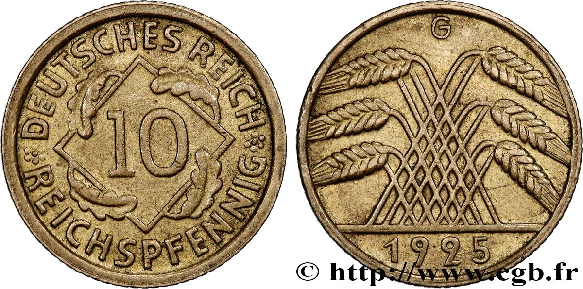 ALLEMAGNE 10 Reichspfennig gerbe de blé 1925 Karlsruhe - G TTB 