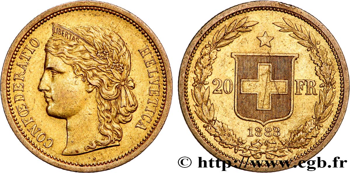 SUIZA 20 Francs buste diadémé d Helvetia 1883 Berne MBC+ 
